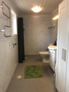 La salle de bains est pourvue d'une douche, de toilettes et d'un lavabo. dans l'établissement Lovely holiday house by a beautiful lake!, à Svenshögen
