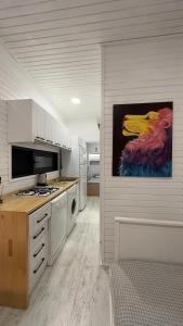 una cocina con armarios blancos y una pintura en la pared en Tiny House Sitesi, en Alanya