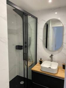 Aix-les Bains في إيكس لي بان: حمام مع دش ومغسلة ومرآة