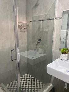 ein Bad mit einer Dusche und einem Waschbecken in der Unterkunft Urban & Comfortable Loft apartment in Mthatha in Mthatha