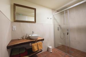 ein Badezimmer mit Waschbecken und Dusche in der Unterkunft Aldea Soma in San Mamede de Carnota + 38 Fotos