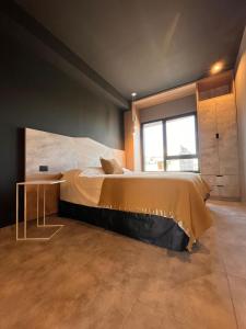 a bedroom with a large bed and a large window at Suites Isla Verde in La Rioja