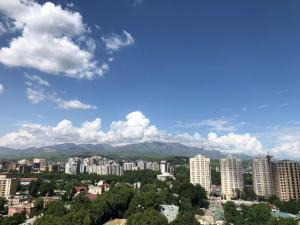 Blick auf eine Stadt mit Gebäuden und Bergen in der Unterkunft Dushanbe City View Apartment in Duschanbe