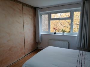 een slaapkamer met een bed en een raam bij Beautiful and peaceful large double bedroom near Olympic Park in Stratford London in Londen