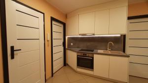 kuchnia z białymi szafkami, umywalką i drzwiami w obiekcie Apartament Nowa Oliwa w Gdańsku