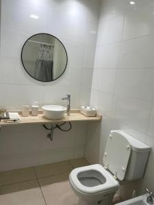 a bathroom with a toilet and a sink and a mirror at Edificio 9 de Julio in San Miguel de Tucumán