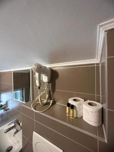 baño con encimera con lavabo y papel higiénico en Residence Mahala, en Sarajevo