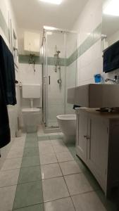 a bathroom with a shower and a sink and a toilet at La Laguna Rooms in SantʼAntìoco