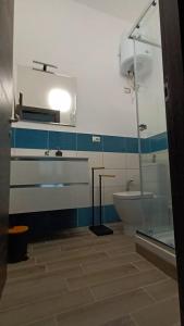 a bathroom with a shower and a toilet and a sink at La Laguna Rooms in SantʼAntìoco