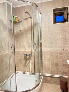 une douche avec une porte vitrée dans une salle de bain dans l'établissement Vila Idila, à Žabljak 42 autres photos