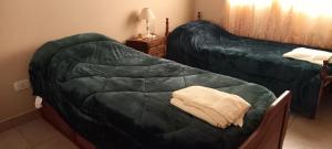 1 dormitorio con 2 camas y manta verde en Casa More en Salta