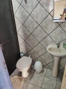 a small bathroom with a toilet and a sink at Quarto aconchegante na terra das cataratas in Foz do Iguaçu