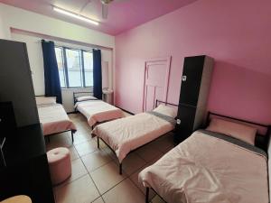 een kamer met vier bedden en een roze muur bij Wanna Stay? in Cairns