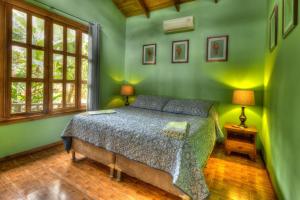 a bedroom with a bed in a green room at Beachfront Villa Sea Breeze w AC and POOL in Puerto Viejo