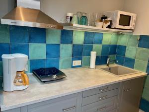 a kitchen counter with a sink and a blender at Old Center Apartment in Liepāja