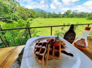 a plate of waffles on a table with a view at Pura Vibra Hostel in Fortuna