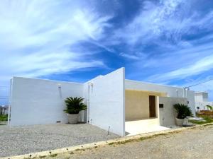 a white house with two potted plants in front of it at abundance okinawa in Kouri