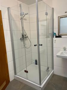 bagno con doccia in vetro e lavandino di Peaceful Holiday Morningstar a Würzburg