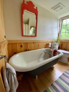a bath tub in a bathroom with a mirror at Sadawga Springs Retreat in Whitingham