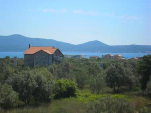 a house on a hill with trees and a lake at Apartments Marina in Sukošan