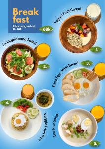 a collage of plates of breakfast food with eggs and bread at Chaliya Boutique Garden in Luang Prabang