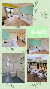 un collage de cuatro fotos de una habitación con 2 camas en Lang duo duo Homestay, en Huxi