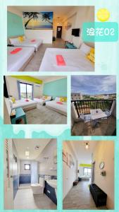 a collage of four pictures of a hotel room at Lang duo duo Homestay in Huxi