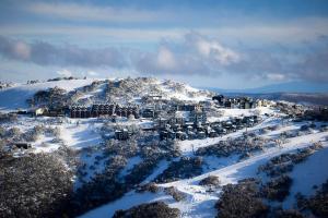 an aerial view of a village in the snow at Arlberg Hotham in Mount Hotham
