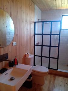 Casa Black hostal puertecillo - matanzas في Polcura: حمام مع مرحاض ومغسلة ومرآة