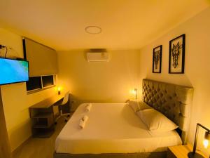 a hotel room with a bed and a flat screen tv at Apartamento Exclusivo - Caribe Campestre Coveñas in Coveñas