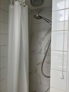 a shower with a shower curtain and a shower head at Apartament Kings Cross in London