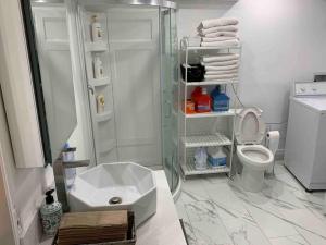 a bathroom with a shower and a toilet at BIG Oasis Studio near Airport YYZ in Toronto