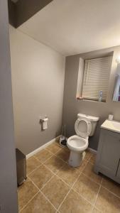 a bathroom with a toilet and a sink at Cozy King Bed, Free Parking! in Newark