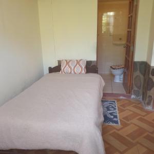 a bedroom with a bed and a bathroom with a toilet at Hermosa casa de campo in Maras