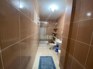 uma pequena casa de banho com chuveiro e WC em NEŞELİ APART BAHÇE CAFE em Seferihisar