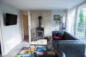 a living room with a couch and a fireplace at HausMeise in Heidesee