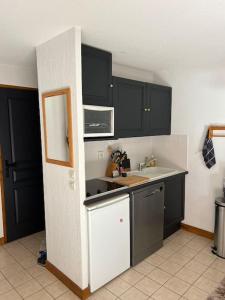een keuken met zwarte kasten en een wastafel bij Appartement aux portes de Megeve in Praz-sur-Arly