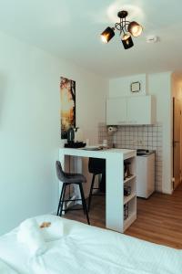 a kitchen with a counter and a table in a room at Apartment modern und gemütlich ggü. Uni-Passau, TG-Stellplatz, Balkon in Passau