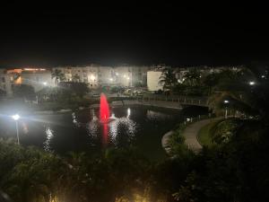 a fountain in the middle of a pond at night at Acapulco Marina Diamante in Acapulco