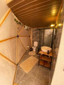 a bathroom with a toilet and a sink at North Dome Suite Bungalov in Rize +22 photos