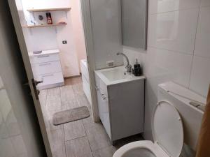 Baño pequeño con aseo y lavamanos en Luxury Jacuzzi Near Beach, APT with 80sq garden, en Bat Yam