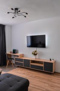a living room with a flat screen tv on a wall at Central Station Two-Bedroom Family Apartment in Timişoara