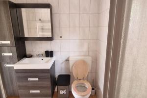 een kleine badkamer met een toilet en een wastafel bij Fijn chalet met grote tuin op de Veluwe in Epe