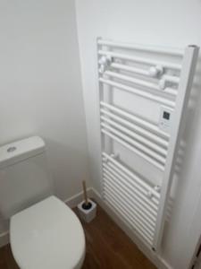 baño con aseo blanco y nevera abierta en Le Jaures 1 - Studio - RDC, en Hennebont