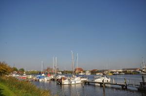 a group of boats docked at a marina at Nr 31 - Ferienhaus Am Yachthafen in Carolinensiel