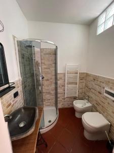 a bathroom with a shower and a toilet and a sink at IL CASALE DEL MAGRA in Ameglia