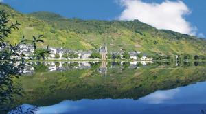 a reflection of a small town on a hill next to a lake at Komfortferienwohnung mit traumhaftem Moselblick in Sankt Aldegund