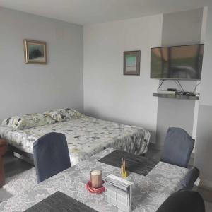 a bedroom with a bed and a table and chairs at Eagle's Nest in Rijeka