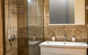 a bathroom with a sink and a glass shower at Sun And Stone in Athani