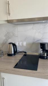 a kitchen counter top with a coffee pot and a counter sidx sidx at INROY SEA VIEW APARTMENTS in Skala Potamias